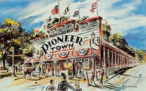 Museo Pioneer Town y pueblo indio EE. UU. Angola, IN postal artística de colección años 60 - Imagen 1 de 2