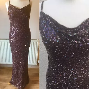 MONSOON VINTAGE SILK SEQUIN BEADED PURPLE BIAS DECO 20’s MAXI DRESS FLAPPER 14 - Picture 1 of 12