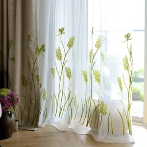 Wheat Embroidery Sheer Curtain for Patio Door Living Room Wide Window Rod Pocket - Picture 1 of 12