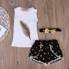 USA Toddler Kids Baby Girl Summer Tops T-shirt Denim Shorts 3Pcs Outfits Clothes