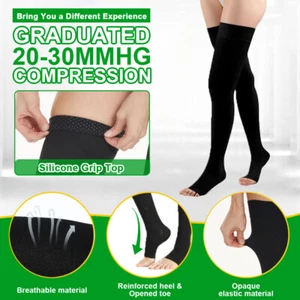 Open Toe Thigh High 20-30 mmHg Firm Graduated Support Hose Socks For Unisex - Picture 1 of 12