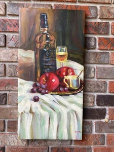 Ölgemälde - Wein und Obst Stillleben 12"x24" Neu und gedehnt - Bild 1 von 3