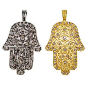 2 x Silver/Gold Crystal Rhinestone Hamsa Hand Charms Pendants for Jewelry Making