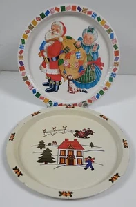 Vintage Metal Christmas Trays 13" Round ~ Set of 2 ~ Santa Mrs. Claus Reindeer - Picture 1 of 9