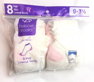 Bobbie Brooks Girl’s Socks Lowcut 8 Pair White/Pink Sz 9-31/2 Cotton Blend New - Picture 1 of 6