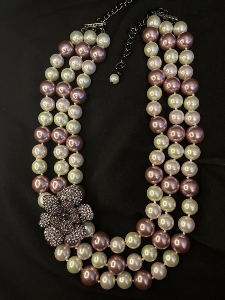 Joan Boyce 3 Strand Pink, Purple & Traditional Pearl & Jeweled Flower Necklace - Изображение 1 из 4