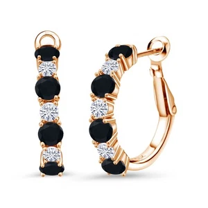 18K Rose Gold Plated Silver Onyx and White Moissanite Hoop Earrings For Women - Picture 1 of 4
