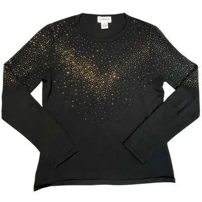 Suéter Carmen Marc Valvo preto manga longa enfeitado brilho strass M - Imagem 1 de 3