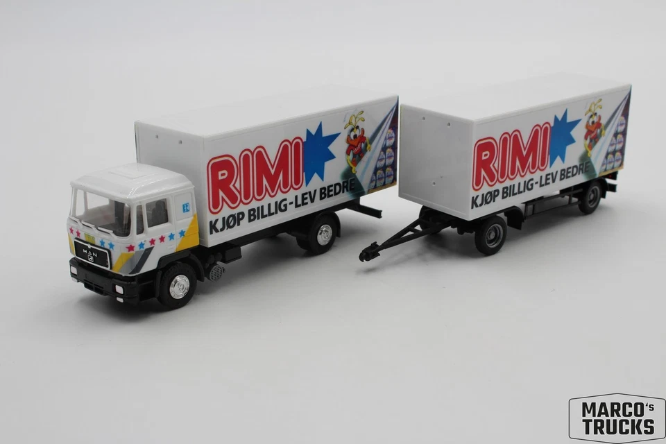 Herpa MAN F90 drawbar truck "BR Rimi Kjop Billig Lev Bedre" 1:87 /H25924 - Image 1 of 1