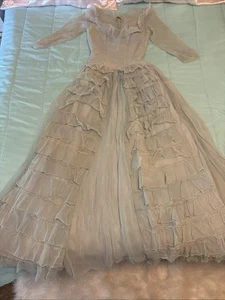 Antique Vintage Womens Gown 1930s 40s Gray Blue Long Dress Delicate - Picture 1 of 9
