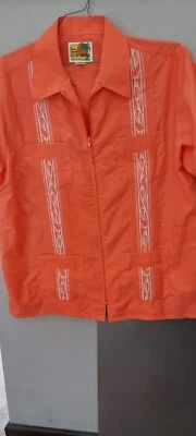 The Genuine Haband Guayabera Shirt Men Large Orange"Salmon" Zip Embroidered NWOT - Image 1 of 3