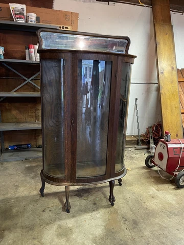 Oak  China Cabinet curved mirror top 1920s on casters vintage antique Cover
