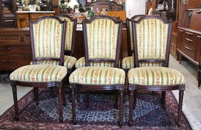 Juego de 6 sillas de comedor antiguas tapizadas de caoba francesa Luis XVI Foto 1 de 4