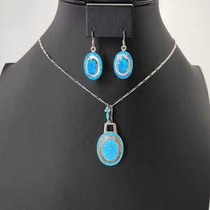 Nuevo Conjunto de Pendientes Collar Ópalo Azul Nativo Americano Ovalado 925 Esterlina Firmado MY - Imagen 1 de 12