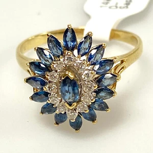 v052 Vintage 14K Yellow Gold Blue Sapphire White Diamond .12cts Ring Size 10.25 - Picture 1 of 8
