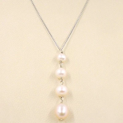COLLANA ORO BIANCO 18K, PENDENTE PERLE ROSA, TONDE E GOCCIA, CATENA ROLO - Immagine 1 di 4