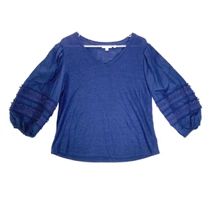Chicos Blouse Womens 2 Large Pure Linen Crochet Puff Balloon Pom Sleeve Boho Top - Picture 1 of 12