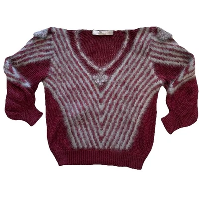 AMALI Womens Angora Sweater Small Burgundy Striped Knit Puff Sleeve Cozy Luxury - Image 1 of 4