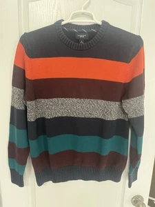 Lands End 100% Cotton Drifter Sweater L Striped Navy/Maroon/Teal/Orange/Gray - Picture 1 of 7