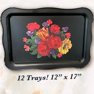 12 Floral Metal Trays 12x17 Vtg Style Lot Roses Serving TV Banquet Buffet Set - Image 1 of 4