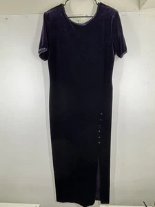 Vintage Y2K 90s Velvet Purple Button Slit Long Bodycon Dress Velour 12 - Picture 1 of 4