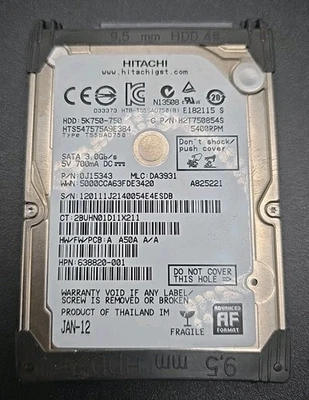 Hard Drive SATA Laptop 2.5" Hitachi HTS547575A9E384 750GB H2T750854S - Image 1 of 4