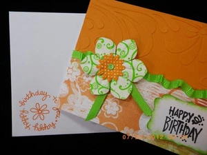 Handmade HAPPY BIRTHDAY Card EMBOSSED  Using Stampin Up! Prima   Button Brad   - Picture 1 of 1