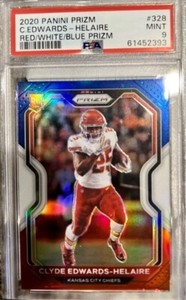 2020 Panini PRIZM #328 Clyde Edwards-Helaire Rookie—Red/White/Blue—PSA 9—Chiefs
