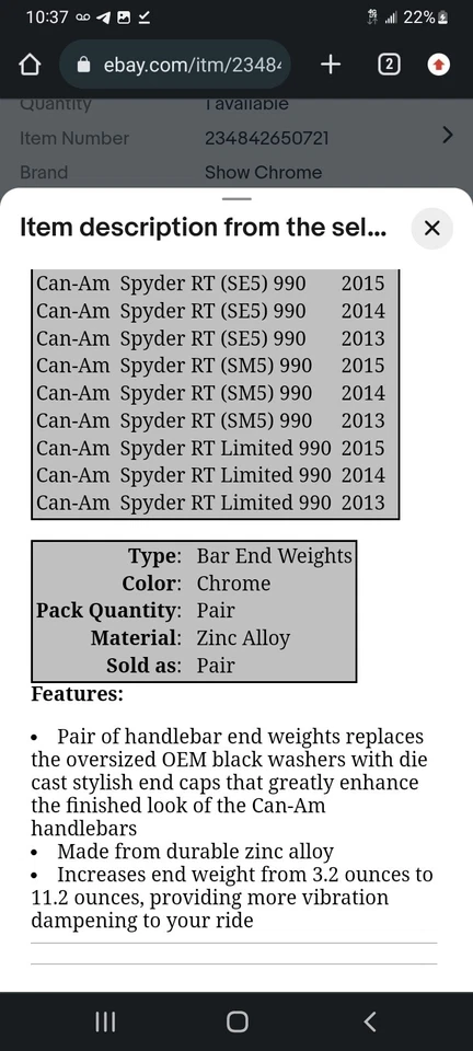Show de pesos finais de barra cromada para Can-Am 41-181A - Imagem 1 de 4
