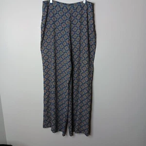 Long Tall Sally Trousers Pants Womens Size 12 Blue Printed Wide Leg Side Zip - Picture 1 of 7
