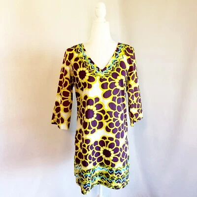 Boden Ibiza Kaftan Ric Rac Coverup Tunic Dress Size 10 Purple Yellow Floral - Image 1 of 4