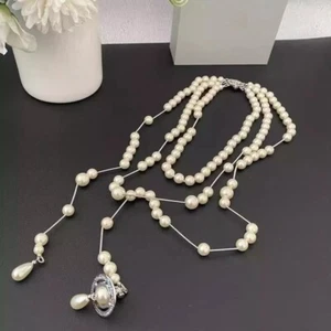 Vivienne Westwood silver Broken Bas Relief Pearl Orb Crystal Necklace Set IN Box - Picture 1 of 10
