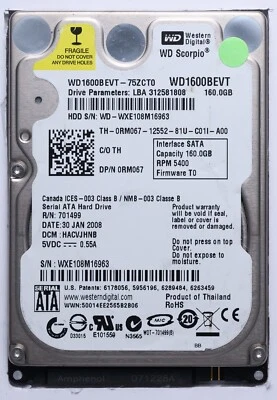 Western Digital 160GB SATA 2.5" Laptop HDD Model WD1600BEVT-75ZCT0 DCM: HACVJHNB - Image 1 of 2