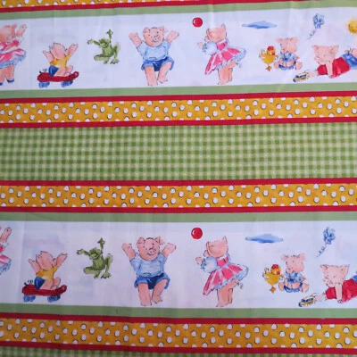 Cotton Quilt Fabric 1 1/2 yards Pigs Playing Childrens Stripe Craft Material E87 - Image 1 of 3