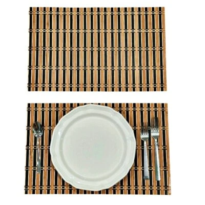 Wooden Bamboo Slats Placemats 2 Yarn Black Tan 18.5 x 12 Inch BOHO Neutral - Image 1 of 4