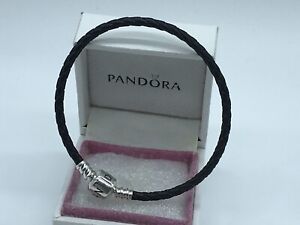 Pandora " 7.5”19CM Single Black Braided  Leather " Clasp Bracelet 590705CBK