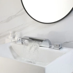 3 Stück Chrom Bad Wasserhahn Wasserfall Auslauf Doppelgriffe Messing Mischbatterie Badewannenarmatur - Bild 1 von 10