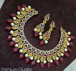 Indian Gold Plated Bollywood Style CZ AD Jewelry Choker Necklace Earrings Set