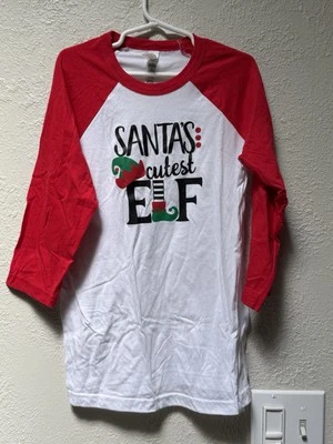 Santa's Cutest Elf Christmas Party Youth Unisex T-shirt Red White Tee SZ 10-12 M - Image 1 of 4