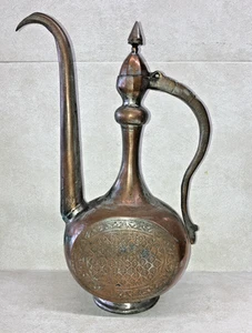 Antica brocca Qajar islamica mediorientale rame, ottone, goccia d'acqua H: 15"in - Foto 1 di 10