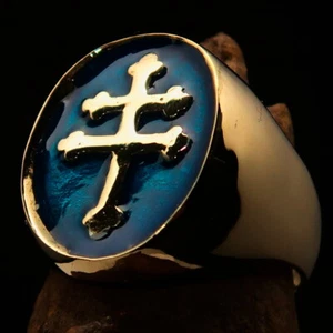 OVAL SHAPED MENS BRASS BIKER RING CROSS LORRAINE BLUE SIZE 6 - Picture 1 of 7