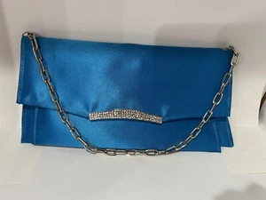Tina Carol Evening Handbag Satin Clutch Purse Rhinestones -Blue Topaz New - Picture 1 of 7