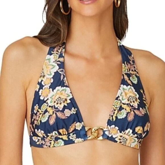 Top de bikini halter adornado con cadena estampada Shoshanna talla L azul marino Foto 1 de 1