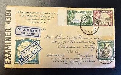 JAMAICA 1944 GUERRA MUNDIAL SEGUNDA GUERRA MUNDIAL PORTADA MATASELLOS EXAMINADOS HALF-WAY-TREE Kansas City MO Foto 1 de 4