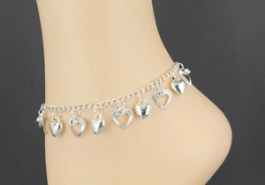 silver heart anklet charm dangle pendant adjustable ankle bracelet 7-10.5" - Picture 1 of 9