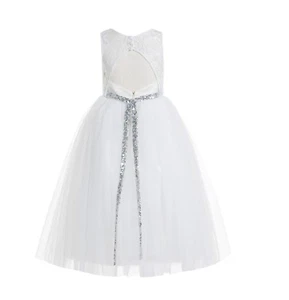 Lace Scoop Neck Keyhole Back Ivory A-Line Flower Girl Dress Birthday Girl Dress - Picture 1 of 26