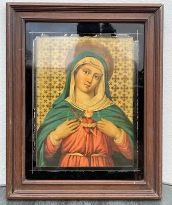 Marco de fotos de la era del fundador impresión detrás de vidrio Santa María Virgen madera antigua Foto 1 de 4