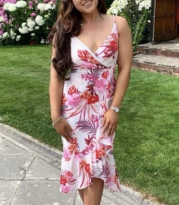 Lipsy Floral Midi Dress 16 Cream Pink Ruffle Party Wedding Occasion Summer - Picture 1 of 14