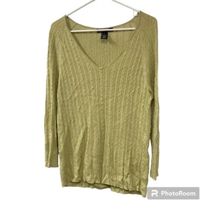 Ellen Tracy Viscose Bamboo Cashmere Cable-knit V-Neck Sweater Green Womens Sz L - Picture 1 of 6