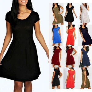 New Ladies Womens Short Sleeve Flare Pleated Round Neck Swing Skater Mini Dress - Picture 1 of 11